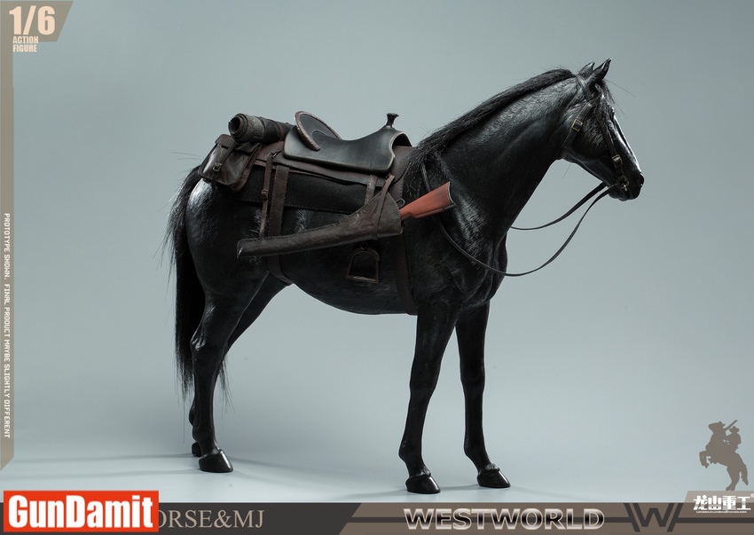 Westworld branded black horse figure showing detailed saddle and bridle with rifle holster Westworld branded black horse figure showing detailed saddle and bridle with rifle holster