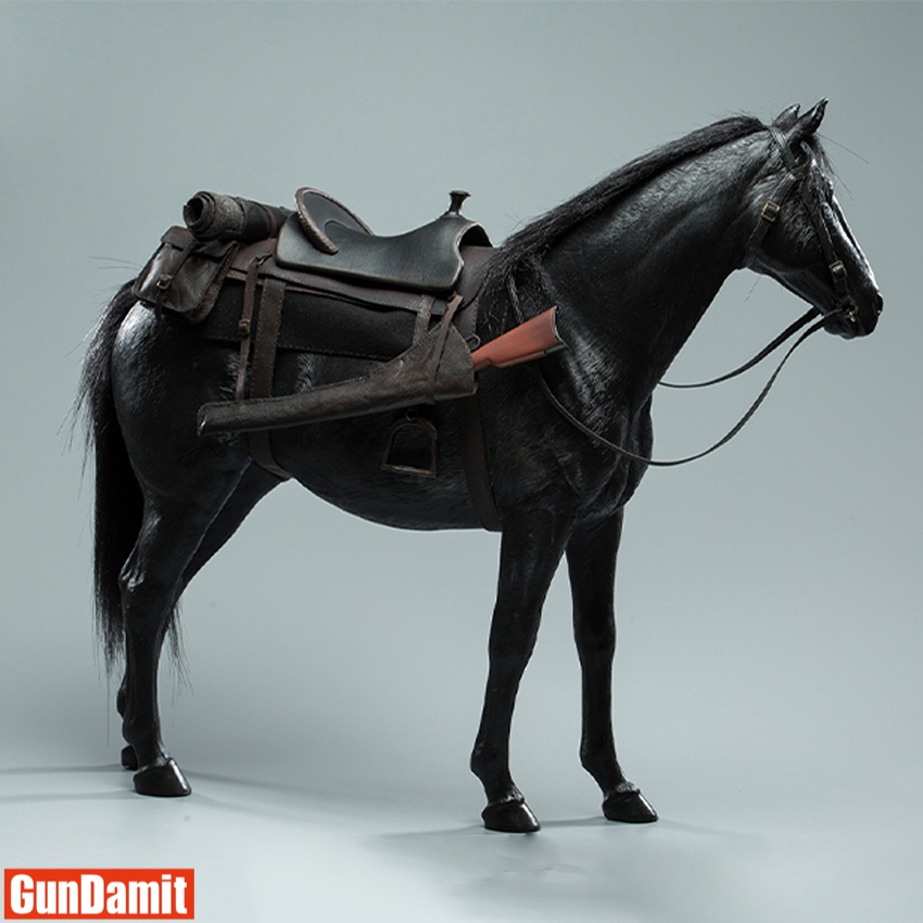 LongSan 1/6 scale black horse figure with western leather saddle and harness right side view LongSan 1/6 scale black horse figure with western leather saddle and harness right side view