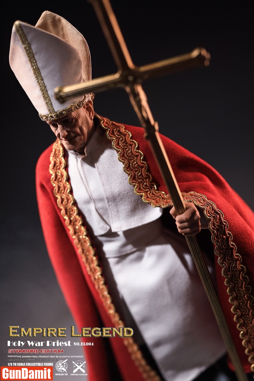 Close-up of Holy War Priest face detail with mitre hat and golden crucifix staff Close-up of Holy War Priest face detail with mitre hat and golden crucifix staff
