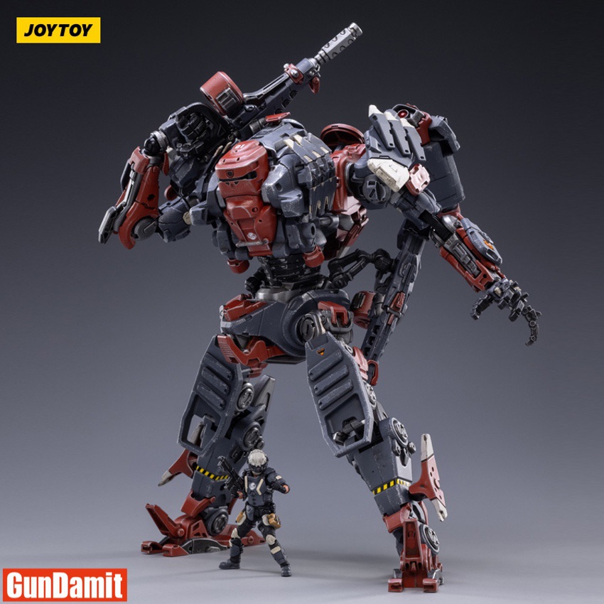JoyToy Purge 01 Combination Warfare Mecha dynamic action pose with pilot figure at its feet showing red and grey armor JoyToy Purge 01 Combination Warfare Mecha dynamic action pose with pilot figure at its feet showing red and grey armor