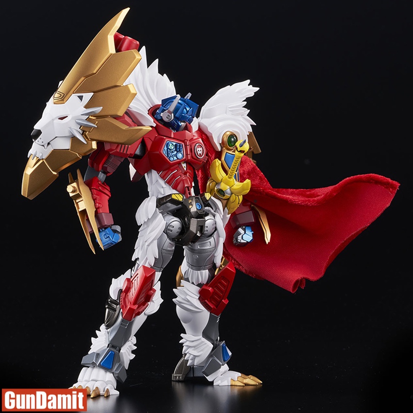 Leo Prime model rear three-quarter view showing red fabric cape and lion shield mounted on back Leo Prime model rear three-quarter view showing red fabric cape and lion shield mounted on back