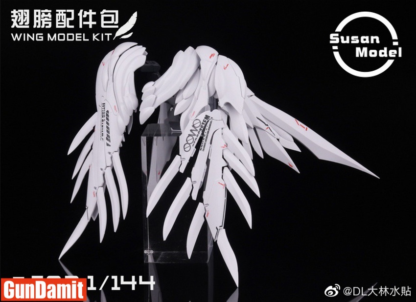 Susan Model wing kit packaging display with folded and unfolded wing configurations on clear stand Susan Model wing kit packaging display with folded and unfolded wing configurations on clear stand