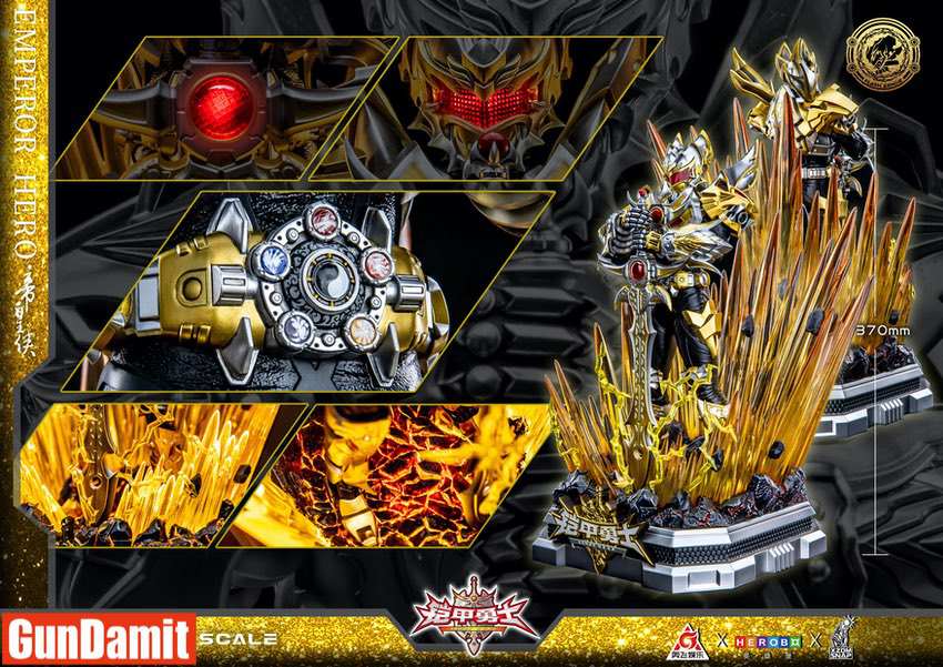 Detail collage of Emperor Hero statue showing LED eyes, gauntlet, crystal base, and size reference Detail collage of Emperor Hero statue showing LED eyes, gauntlet, crystal base, and size reference