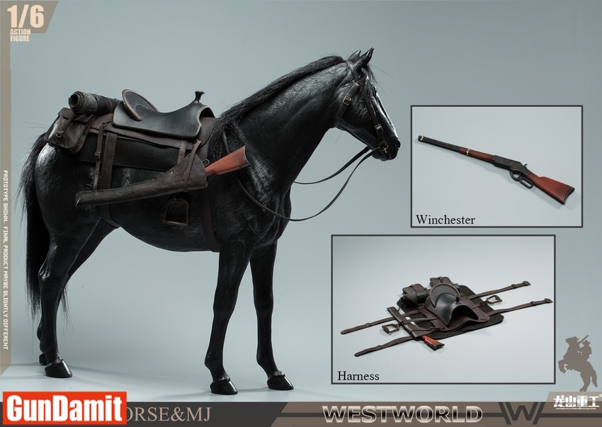 LongSan 1/6 Westworld horse with all accessories displayed including Winchester and harness set LongSan 1/6 Westworld horse with all accessories displayed including Winchester and harness set