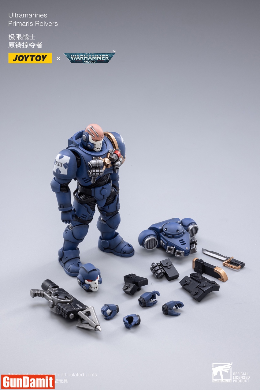 Single Primaris Reiver with accessories laid out including skull helmet backpack combat blade and interchangeable hands Single Primaris Reiver with accessories laid out including skull helmet backpack combat blade and interchangeable hands