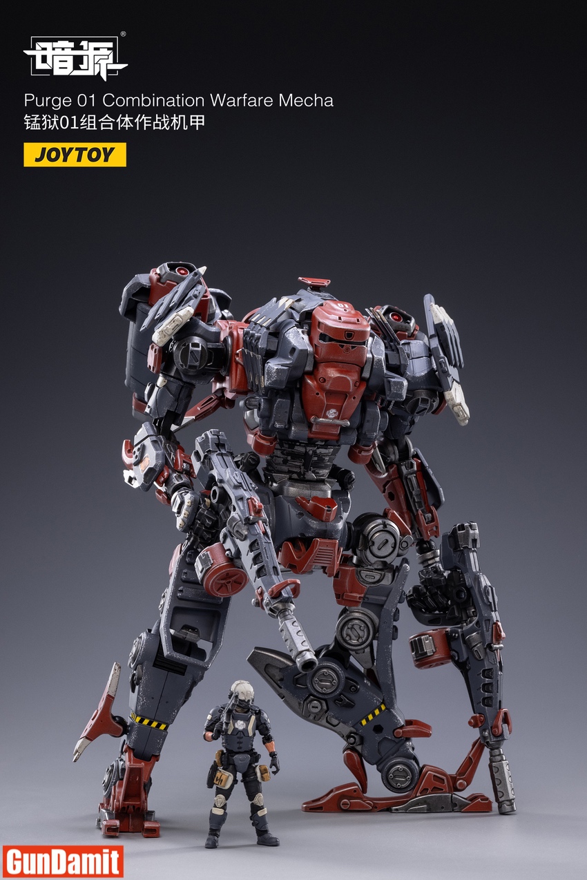 Front view of JoyToy Purge 01 mecha standing with pilot figure showing full height scale comparison Front view of JoyToy Purge 01 mecha standing with pilot figure showing full height scale comparison