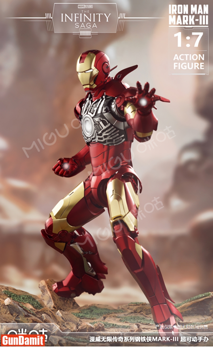 Dynamic action pose of 1/7 Iron Man MK3 figure with exposed chest arc reactor mechanism and battle-damaged armor effect Dynamic action pose of 1/7 Iron Man MK3 figure with exposed chest arc reactor mechanism and battle-damaged armor effect
