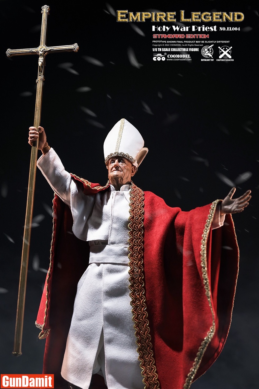 Holy War Priest Standard Version with arms raised in blessing pose wearing ornate red vestments Holy War Priest Standard Version with arms raised in blessing pose wearing ornate red vestments