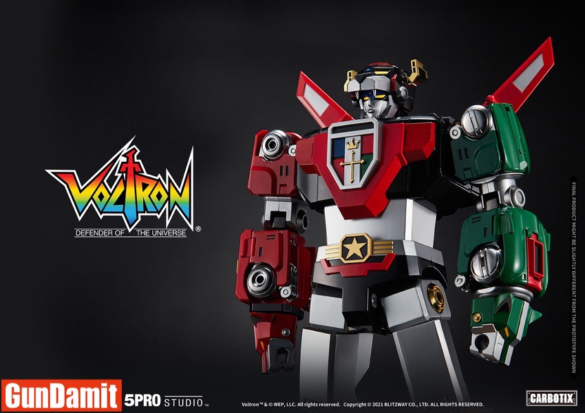Carbotix Voltron three-quarter view highlighting red and green lion arm details Carbotix Voltron three-quarter view highlighting red and green lion arm details