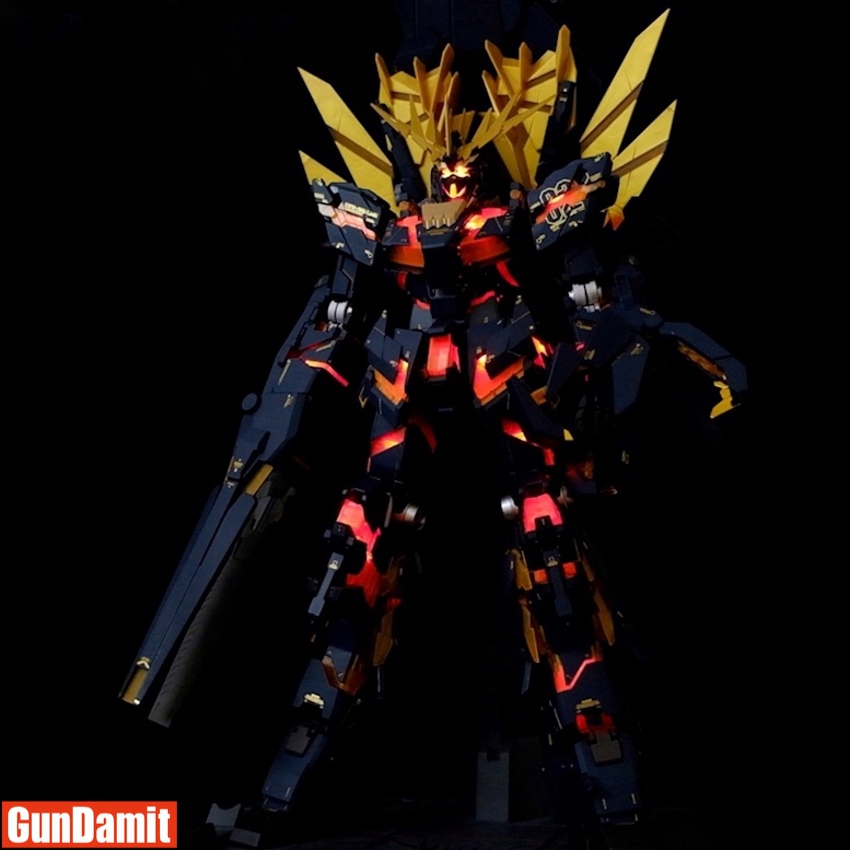 PG 1/60 Banshee Gundam with Kosmos RGB LEDs showing red psychoframe glow and gold V-fin horns PG 1/60 Banshee Gundam with Kosmos RGB LEDs showing red psychoframe glow and gold V-fin horns