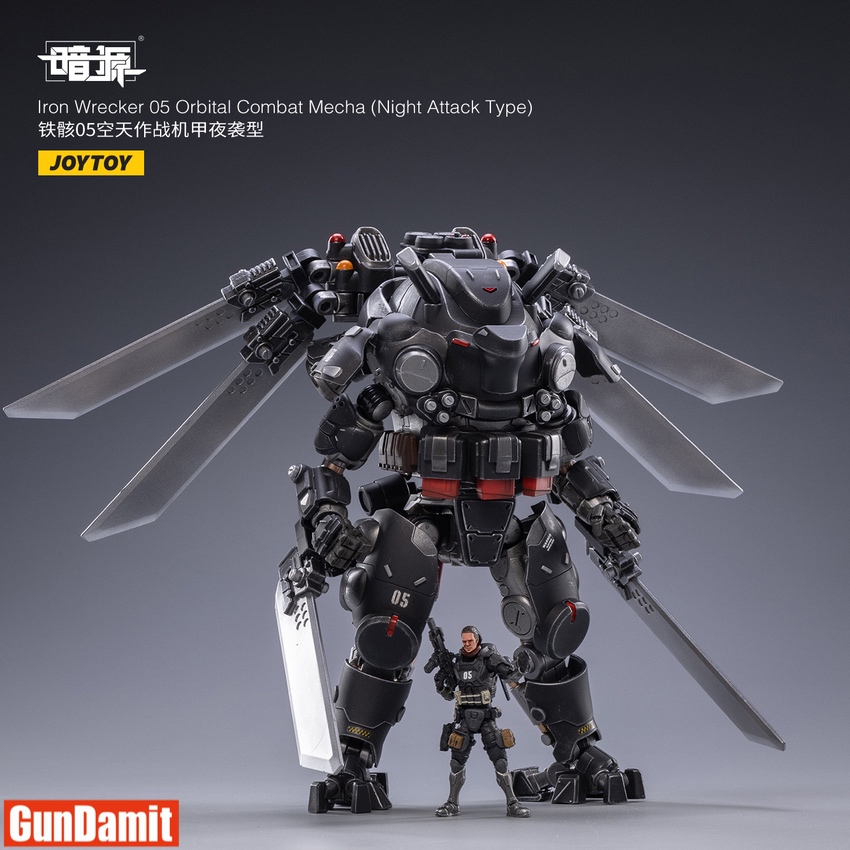 Iron Wrecker 05 Night Attack Type standing pose with pilot Billy showing shield and blade accessories Iron Wrecker 05 Night Attack Type standing pose with pilot Billy showing shield and blade accessories