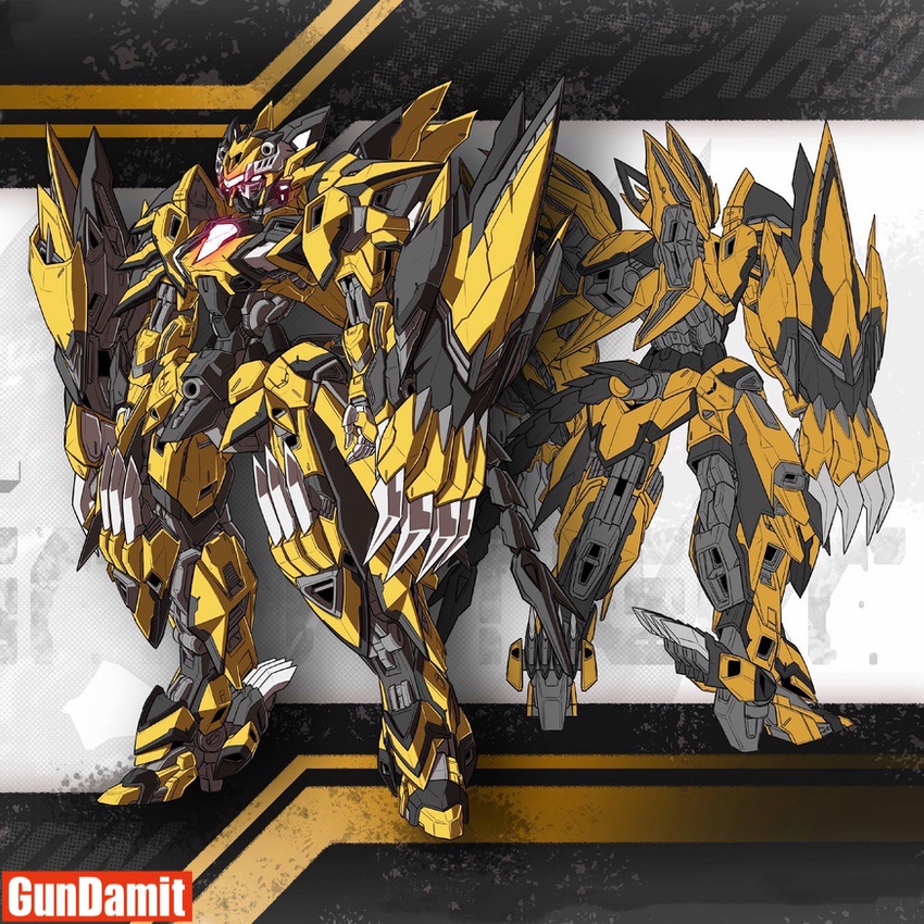 Baffarion Angriff Tiger concept art showing front and rear views of the yellow tiger mecha Baffarion Angriff Tiger concept art showing front and rear views of the yellow tiger mecha