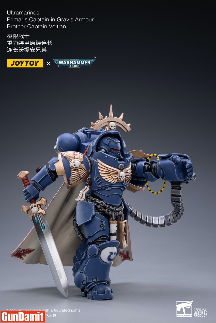 Captain Voltian side angle displaying power sword strike pose with flowing cape and detailed blue armor trim Captain Voltian side angle displaying power sword strike pose with flowing cape and detailed blue armor trim