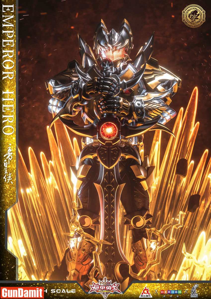 HeatBoys Emperor Hero statue low angle view showing armor detail with glowing crystal effects HeatBoys Emperor Hero statue low angle view showing armor detail with glowing crystal effects