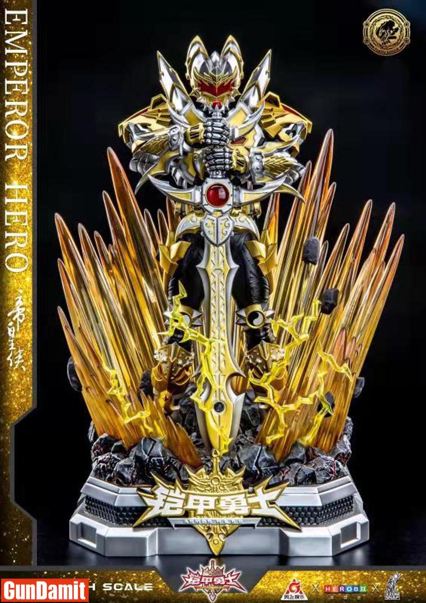 Full front view of HeatBoys Emperor Hero statue on crystalline golden base with sword Full front view of HeatBoys Emperor Hero statue on crystalline golden base with sword