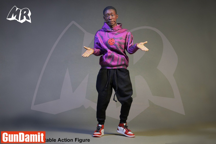 MR002 Mr. No Say 1/6 figure in relaxed pose wearing purple hoodie and red sneakers MR002 Mr. No Say 1/6 figure in relaxed pose wearing purple hoodie and red sneakers