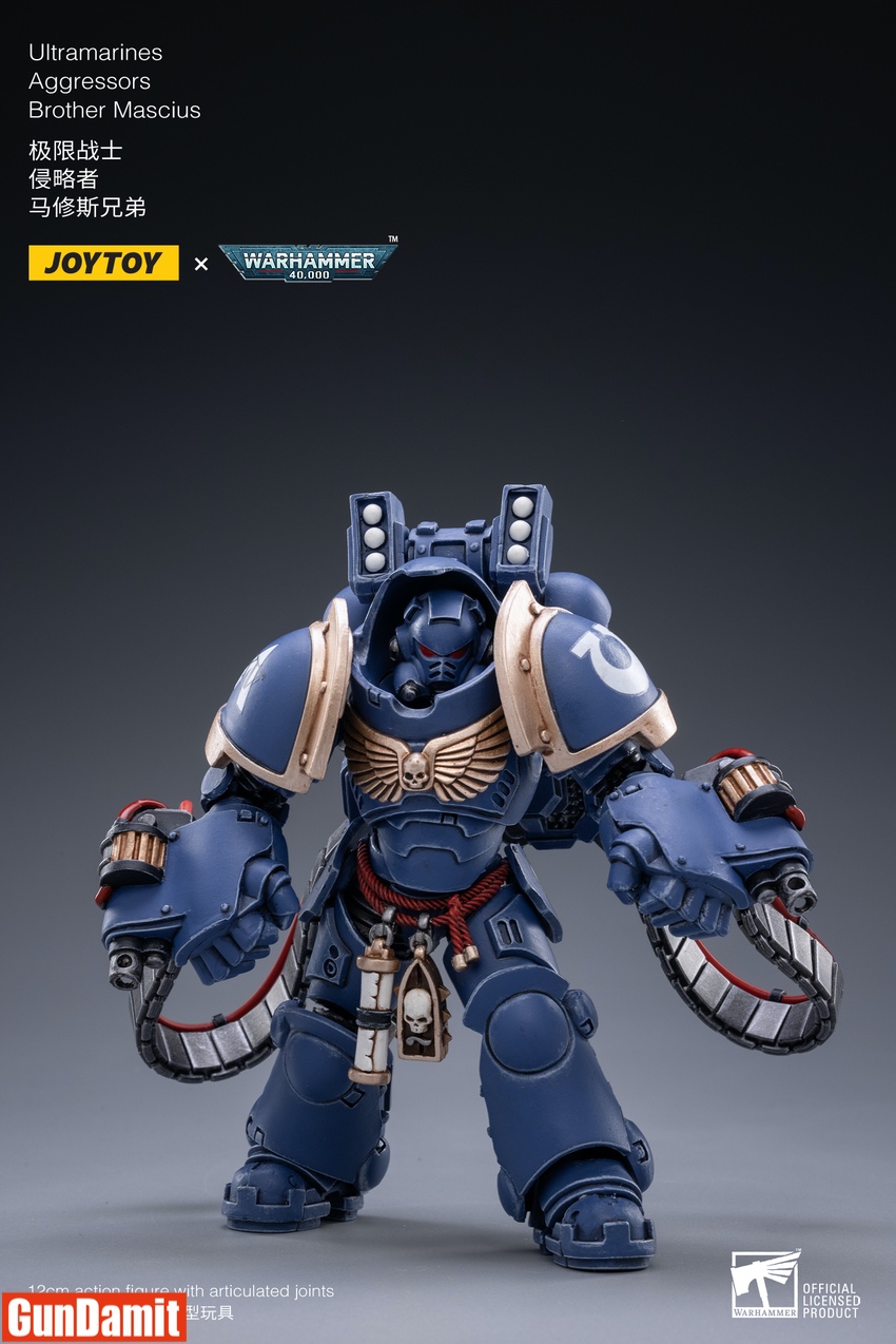 Brother Mascius Ultramarines Aggressor close-up showing boltstorm gauntlets and skull Aquila chest plate detail Brother Mascius Ultramarines Aggressor close-up showing boltstorm gauntlets and skull Aquila chest plate detail