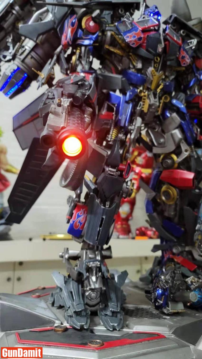 Close-up of HEAT Studio Jetpower Optimus Prime arm cannon with LED light effect Close-up of HEAT Studio Jetpower Optimus Prime arm cannon with LED light effect