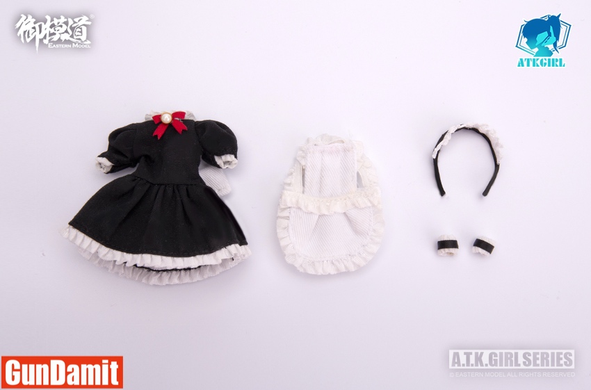 A.T.K. Girl maid outfits set laid out showing dress apron headband and cuffs A.T.K. Girl maid outfits set laid out showing dress apron headband and cuffs