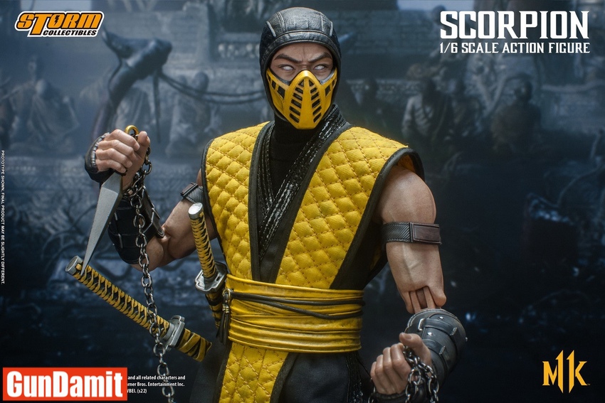 Storm Collectibles 1/6 Scorpion MK11 upper body close-up holding kunai chain weapon Storm Collectibles 1/6 Scorpion MK11 upper body close-up holding kunai chain weapon