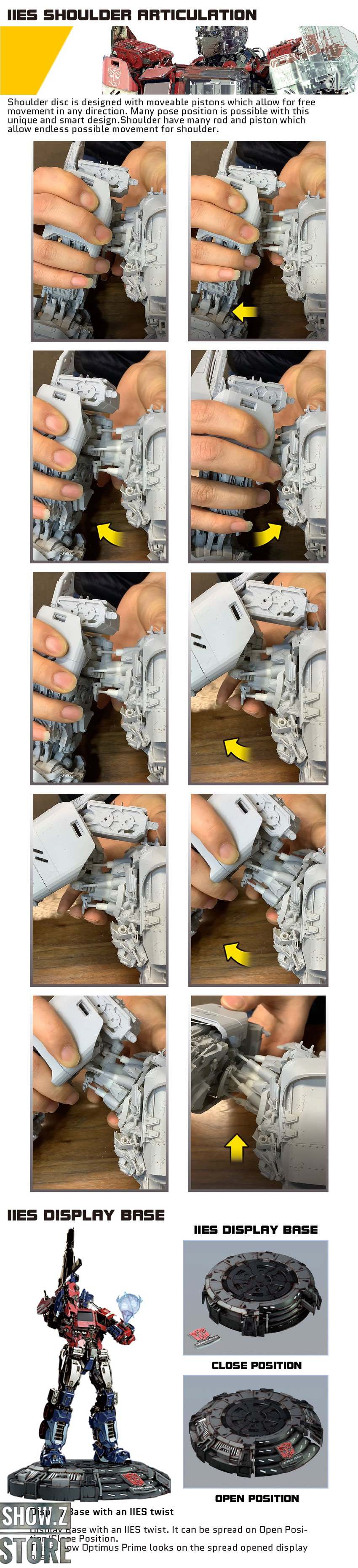 YoloPark IIES Cybertronian Optimus Prime shoulder articulation detail and display base open close positions YoloPark IIES Cybertronian Optimus Prime shoulder articulation detail and display base open close positions
