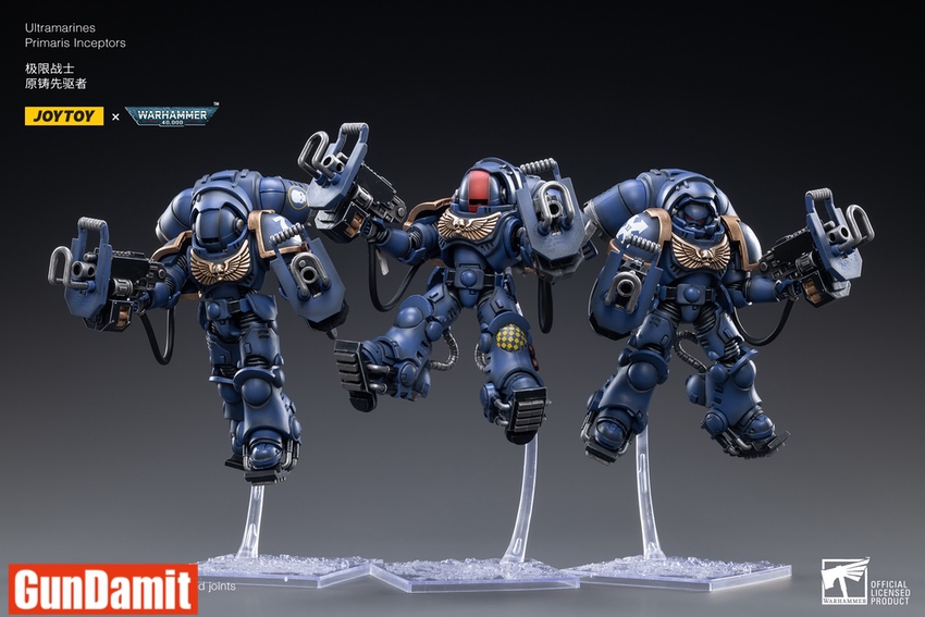 Ultramarines Primaris Inceptors 3-pack alternate angle showing dynamic mid-flight poses with weapon details Ultramarines Primaris Inceptors 3-pack alternate angle showing dynamic mid-flight poses with weapon details
