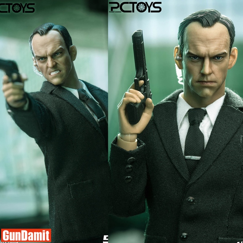 PCToys 1/12 Agent Smith dual head sculpt comparison showing angry and calm expressions with pistol poses PCToys 1/12 Agent Smith dual head sculpt comparison showing angry and calm expressions with pistol poses