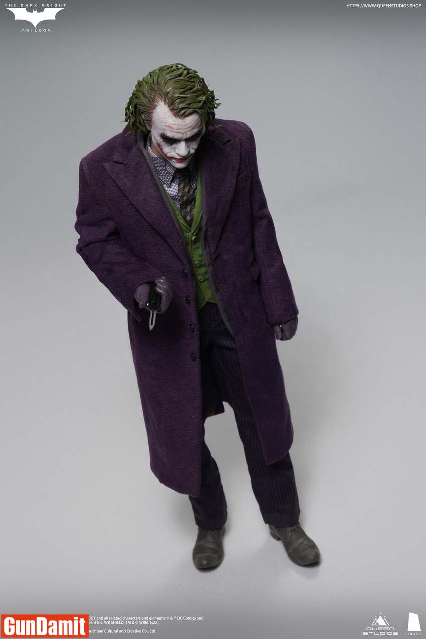 Inart 1/6 Joker sculpted hair figure high angle view showing green hair and purple overcoat detail Inart 1/6 Joker sculpted hair figure high angle view showing green hair and purple overcoat detail
