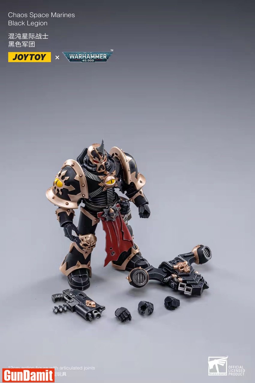 Black Legion Marine with chain flail weapon and accessories laid out on grey background Black Legion Marine with chain flail weapon and accessories laid out on grey background