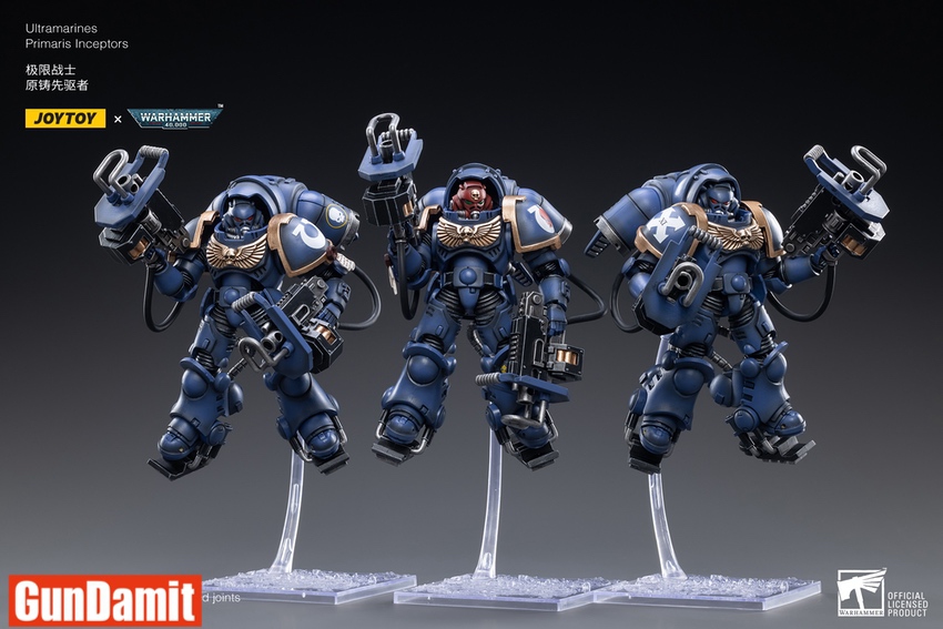 JoyToy 1/18 Warhammer 40K Ultramarines Primaris Inceptors set of 3 front view with assault bolters and jump packs on clear stands JoyToy 1/18 Warhammer 40K Ultramarines Primaris Inceptors set of 3 front view with assault bolters and jump packs on clear stands