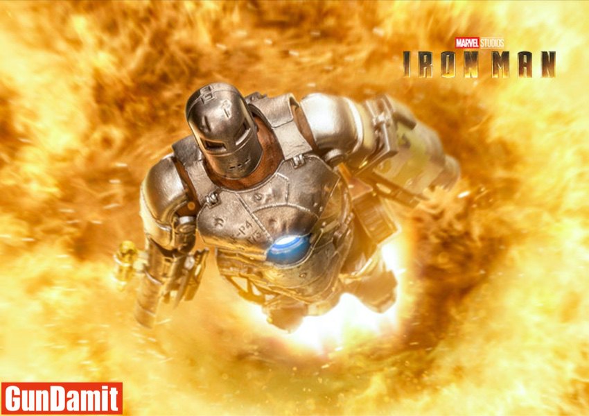 ZT Toys 1/10 Iron Man Mark 1 flying through explosion with fire effects ZT Toys 1/10 Iron Man Mark 1 flying through explosion with fire effects
