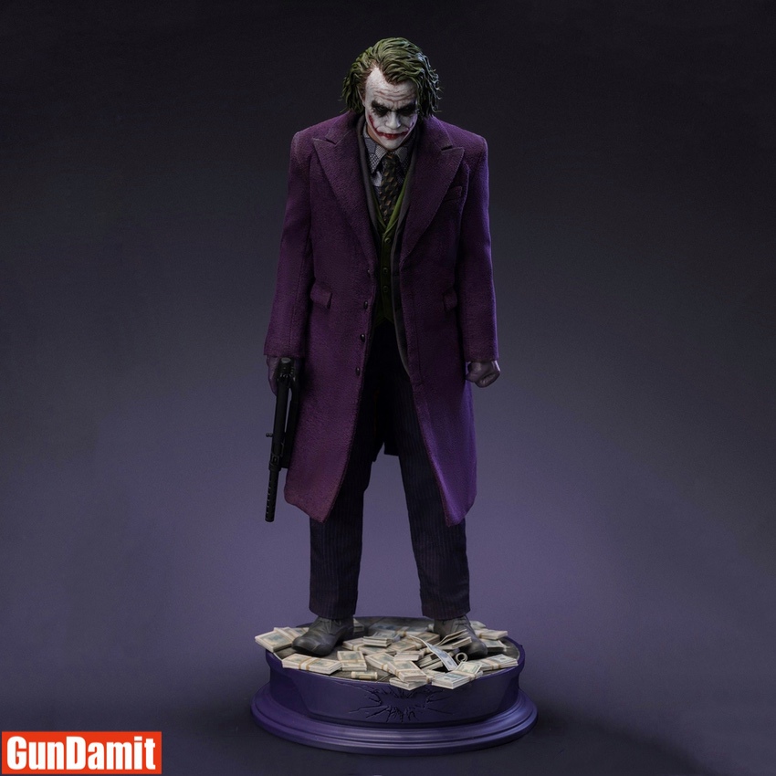 Inart 1/6 Dark Knight Joker sculpted hair standard version full body front view in purple coat on money base Inart 1/6 Dark Knight Joker sculpted hair standard version full body front view in purple coat on money base