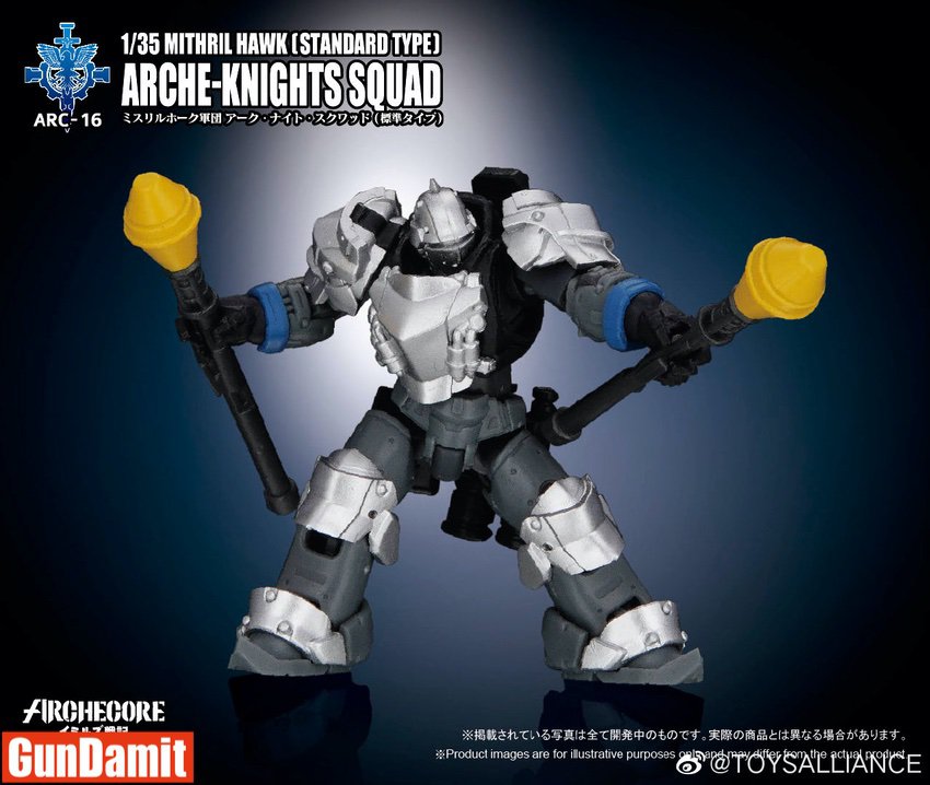 ARC-16 Mithril Hawk knight dual yellow grenade launcher full body front view ARC-16 Mithril Hawk knight dual yellow grenade launcher full body front view
