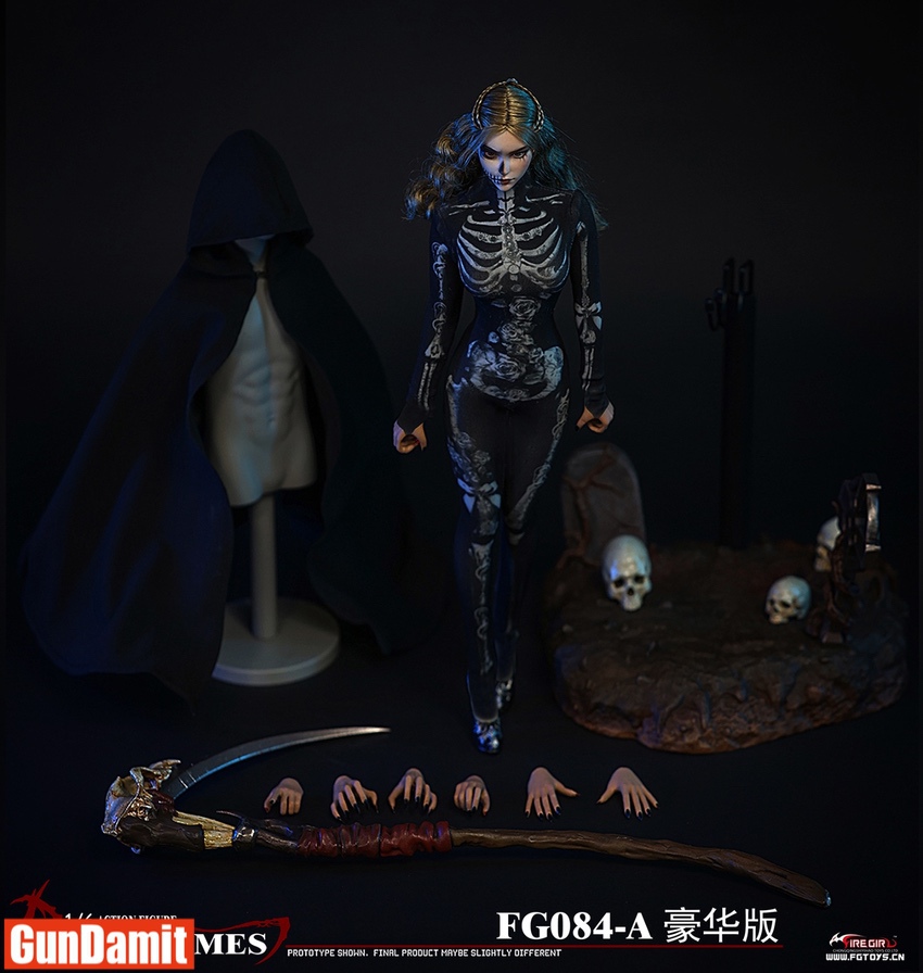 FG084A Female Death Comes figure showing skeleton bodysuit and hooded cloak with interchangeable hands FG084A Female Death Comes figure showing skeleton bodysuit and hooded cloak with interchangeable hands