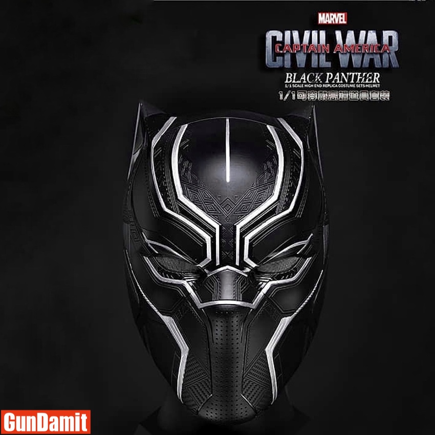 Killerbody 1/1 Black Panther helmet front view with silver accent lines Killerbody 1/1 Black Panther helmet front view with silver accent lines