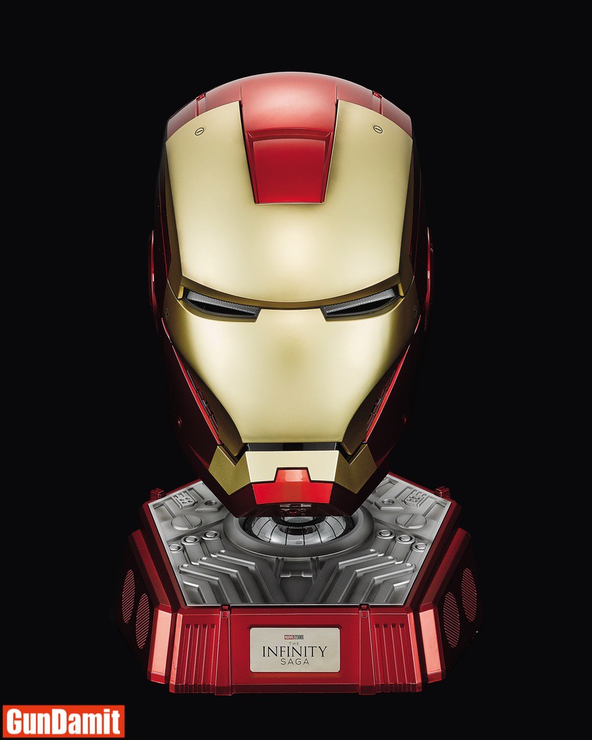 Killerbody Iron Man Mark 7 helmet front view on red Infinity Saga branded base Killerbody Iron Man Mark 7 helmet front view on red Infinity Saga branded base