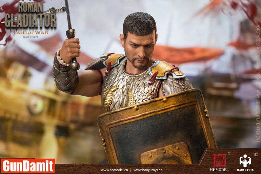 HH Model HH18052 Roman Gladiator Maximus close-up with sword and bronze shield in arena HH Model HH18052 Roman Gladiator Maximus close-up with sword and bronze shield in arena