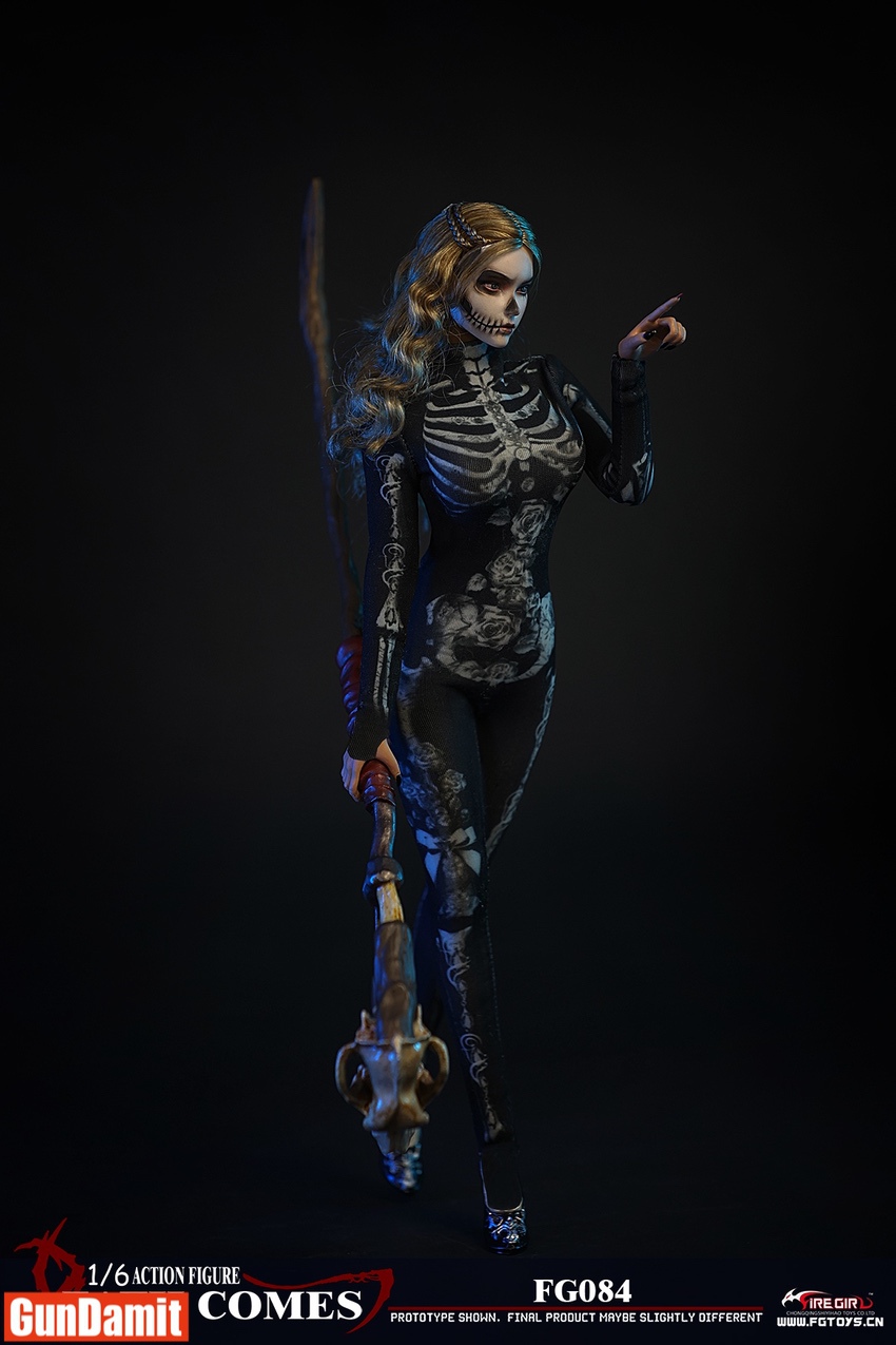 FG084A Female Death Comes side angle on graveyard base with tombstone and skulls FG084A Female Death Comes side angle on graveyard base with tombstone and skulls