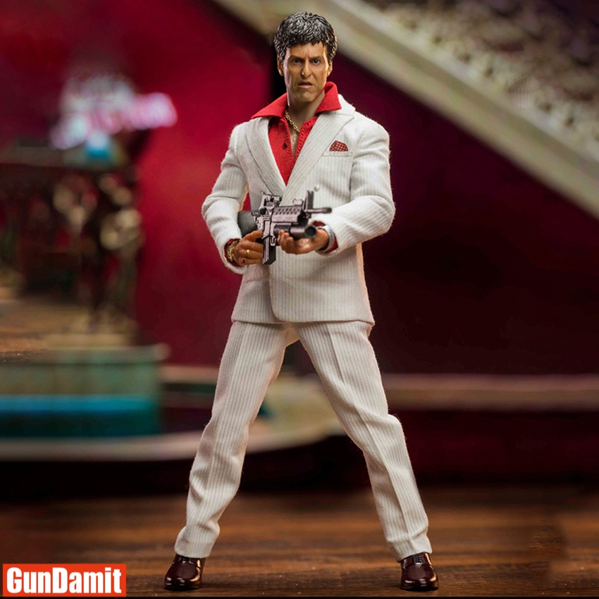 Shark Toys 1/12 Scarface Tony Montana full body in white suit holding submachine gun Shark Toys 1/12 Scarface Tony Montana full body in white suit holding submachine gun