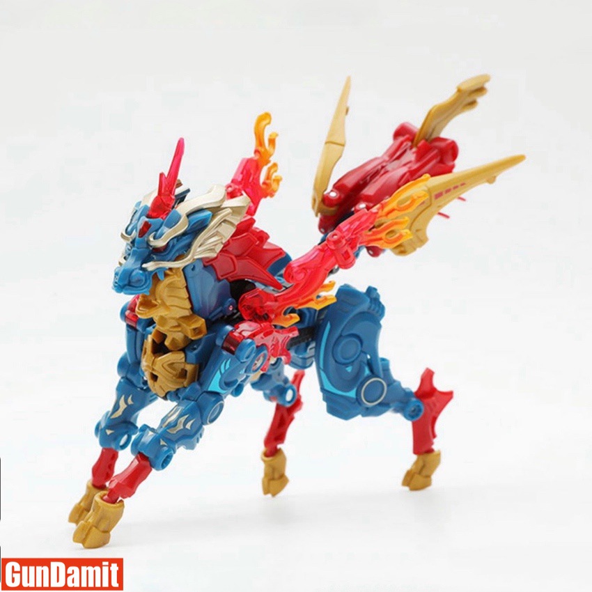 52Toys Megabox MB-22 Kilin Qilin beast form side view showing detailed blue red gold mechanical design 52Toys Megabox MB-22 Kilin Qilin beast form side view showing detailed blue red gold mechanical design