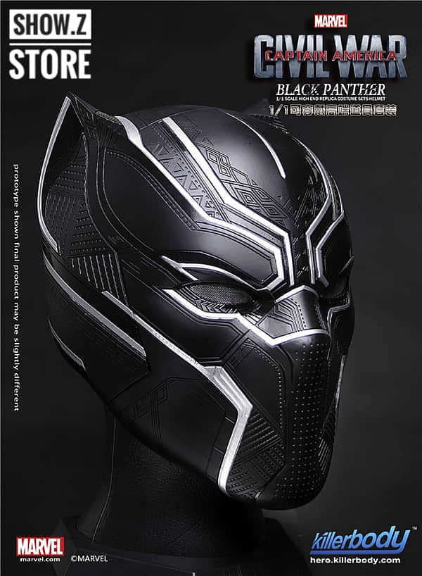Killerbody Black Panther helmet three-quarter view with silver trim detail Killerbody Black Panther helmet three-quarter view with silver trim detail