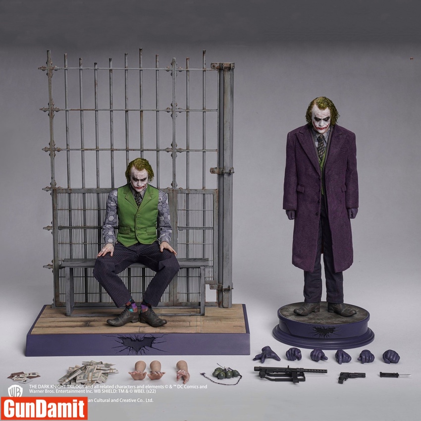 Inart 1/6 Dark Knight Joker premium set full display with jail cell diorama and standing figures plus accessories Inart 1/6 Dark Knight Joker premium set full display with jail cell diorama and standing figures plus accessories