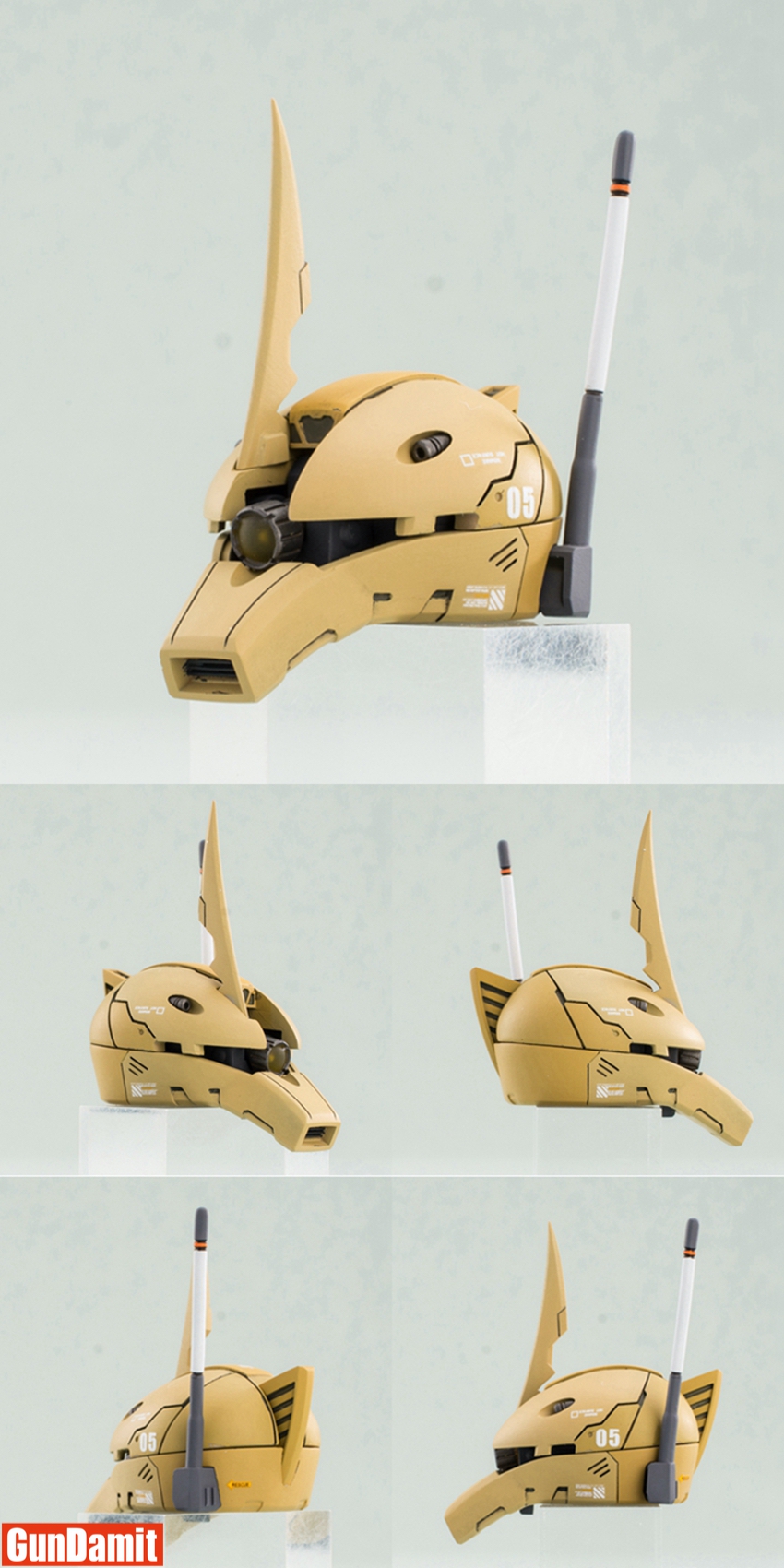 SH Studio MS-05L Zaku I Sniper head unit close-up with antenna and mono-eye detail from multiple angles SH Studio MS-05L Zaku I Sniper head unit close-up with antenna and mono-eye detail from multiple angles