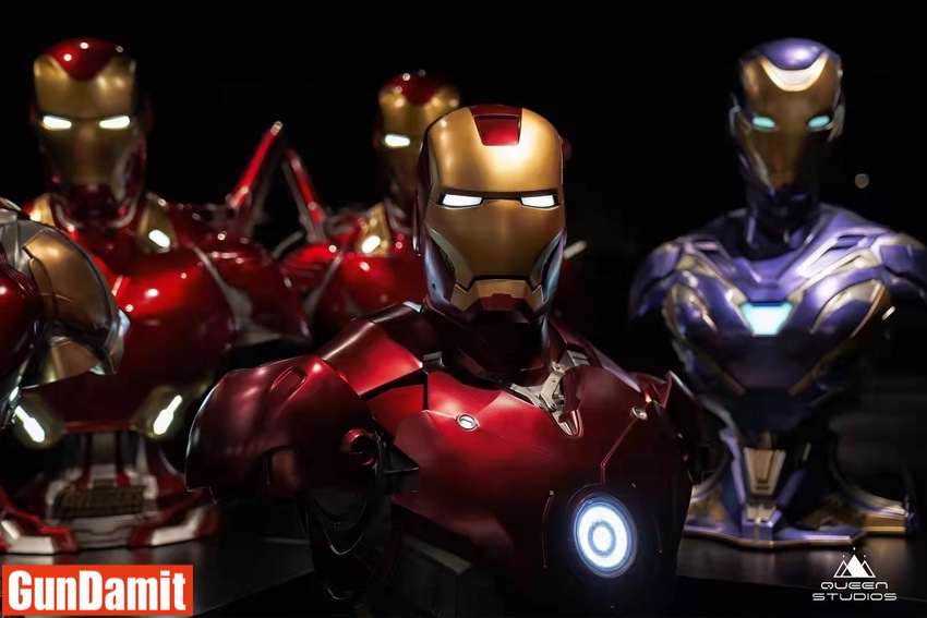 Queen Studio Iron Man Mark 3 bust displayed with other Iron Man armor busts Queen Studio Iron Man Mark 3 bust displayed with other Iron Man armor busts