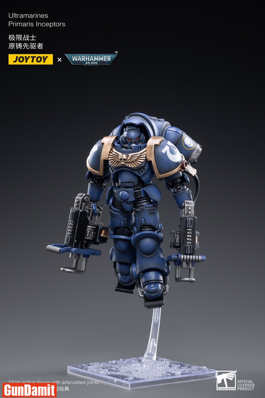 Single JoyToy Ultramarines Primaris Inceptor close-up front view with dual assault bolters and Ultramarines insignia Single JoyToy Ultramarines Primaris Inceptor close-up front view with dual assault bolters and Ultramarines insignia