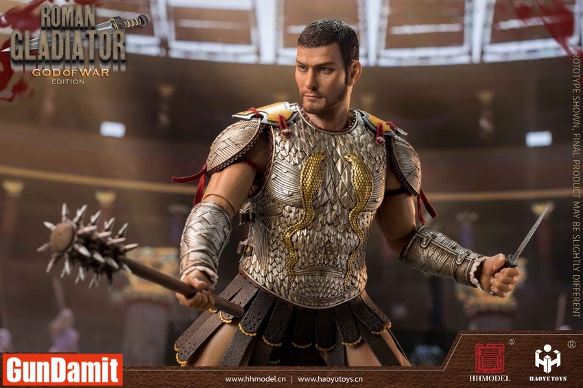 HH Model HH18052 Roman Gladiator Maximus close-up showing scale armor and dual weapons HH Model HH18052 Roman Gladiator Maximus close-up showing scale armor and dual weapons