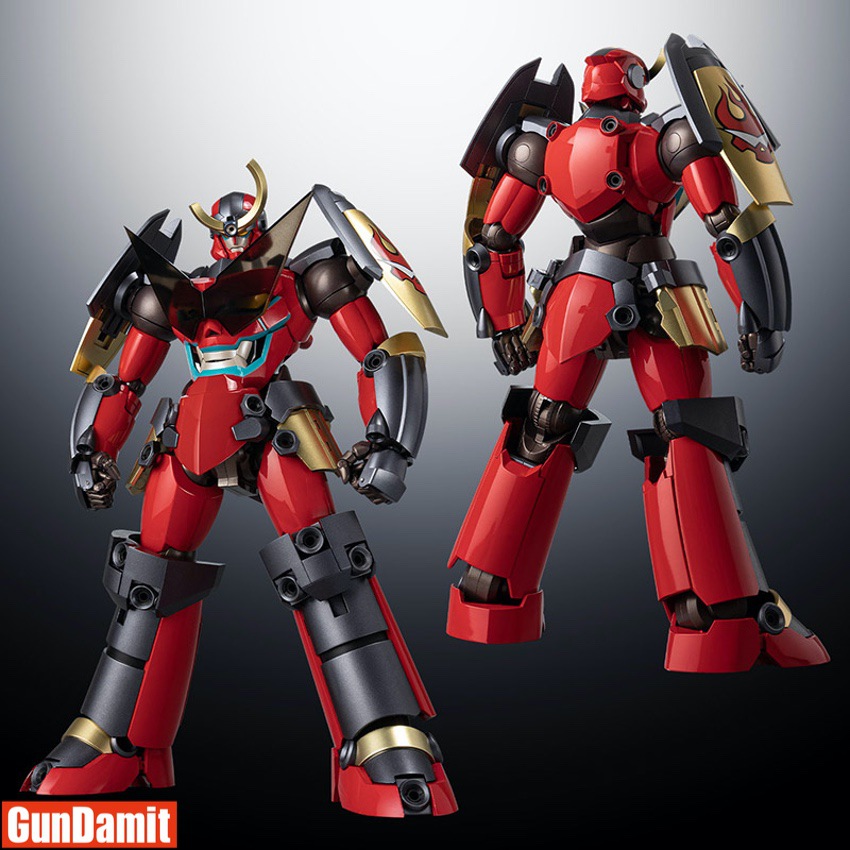 Sentinel RIOBOT Gurren Lagann front and rear views showing red black and gold color scheme details Sentinel RIOBOT Gurren Lagann front and rear views showing red black and gold color scheme details