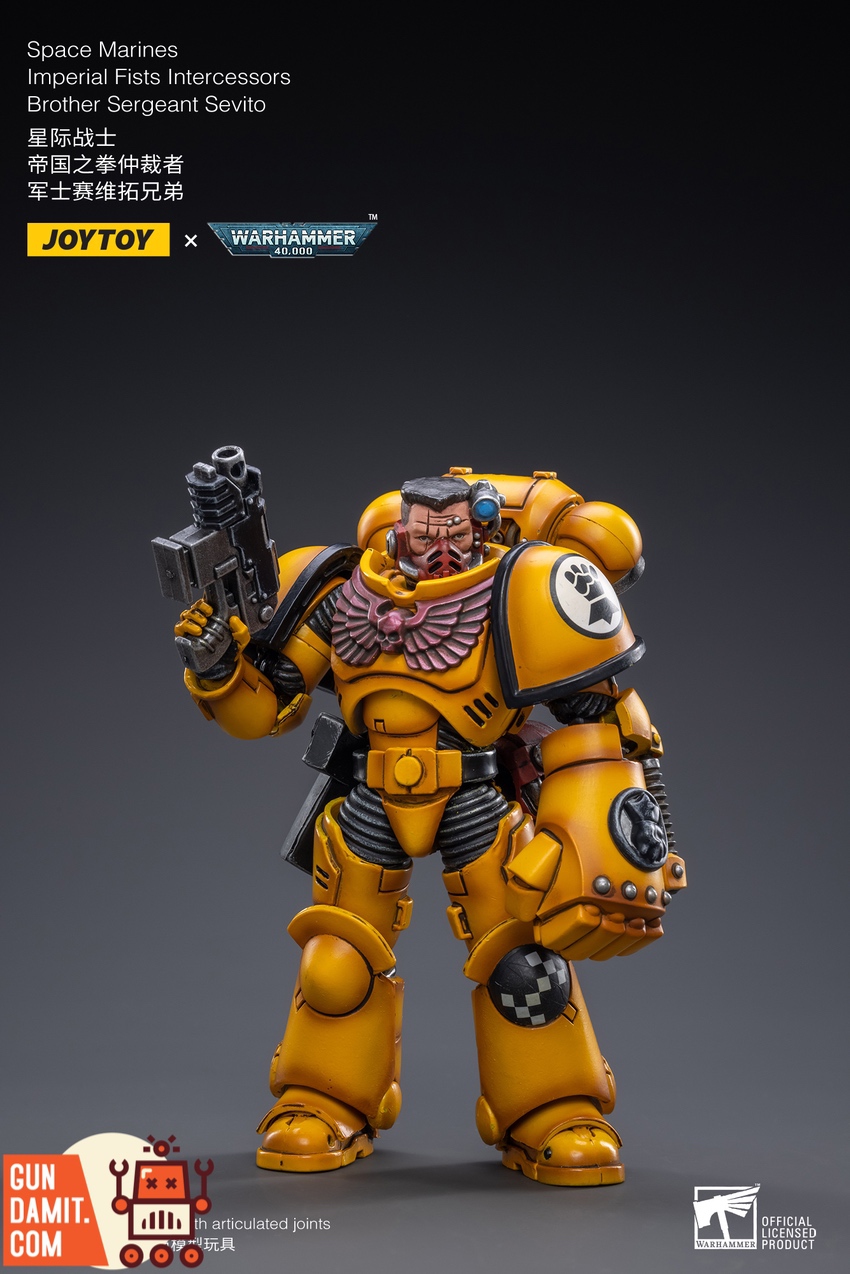 JoyToy Imperial Fists Sevito full body front view showing yellow power armor detail JoyToy Imperial Fists Sevito full body front view showing yellow power armor detail