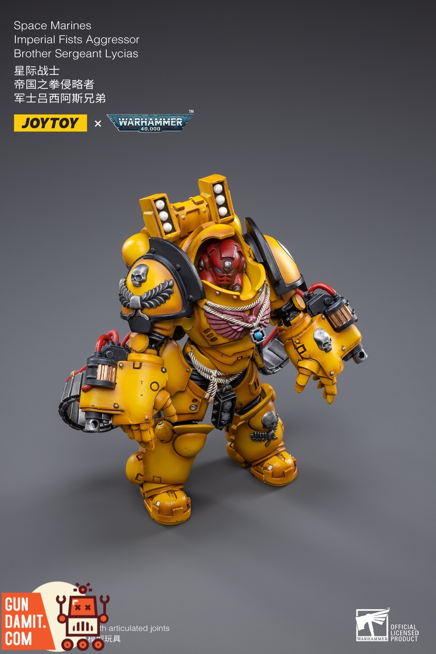 JoyToy Imperial Fists Lycias full body standing with bolt rifle front view JoyToy Imperial Fists Lycias full body standing with bolt rifle front view