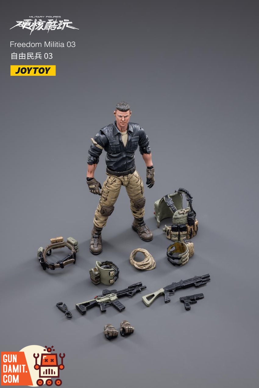 JoyToy 1/18 Freedom Militia 03 accessories layout with weapons vest and hands JoyToy 1/18 Freedom Militia 03 accessories layout with weapons vest and hands